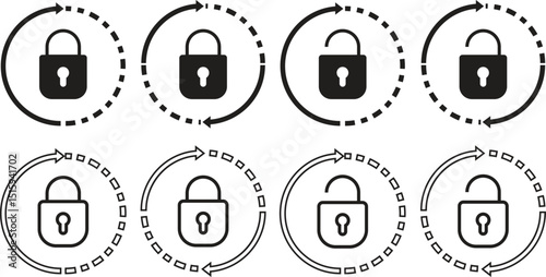Reset password icons set flat and line styles. Refresh rotate Lock vectors. Privacy, security symbols. Rotation signs. Infographic elements for app logo, website button banners and ui, ux interface .