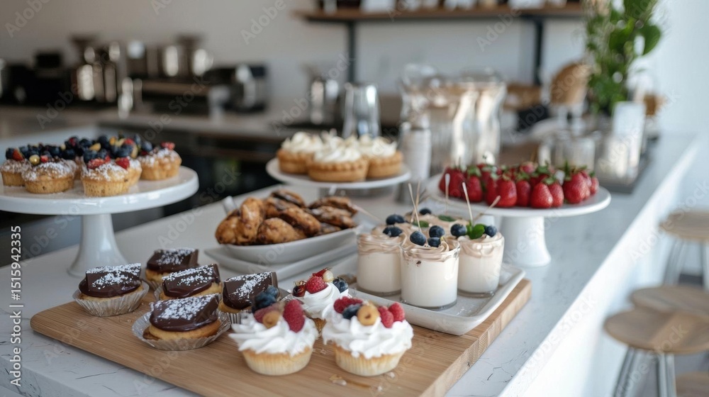 Naklejka premium Table with a variety of desserts on it. there are three white cake stands on the left side of the table, each with a different type of dessert.