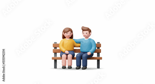 A 3D Illustration of a couple sitting on the bench. 