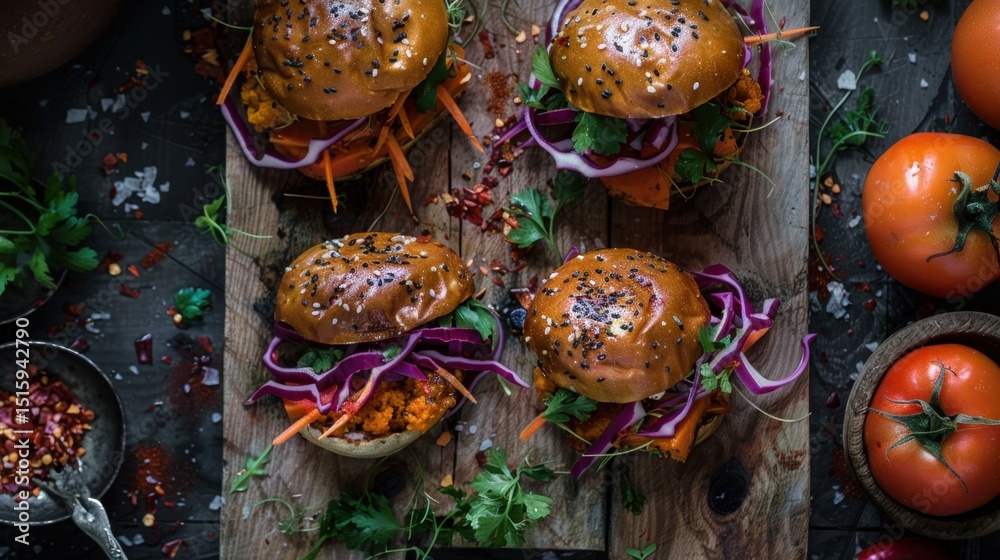 Fototapeta premium Delicious veggie burgers with fresh vegetables on rustic wooden board