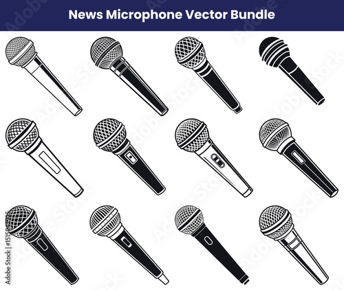 Black and White Microphones Collection Icons Media Broadcast Equipment
