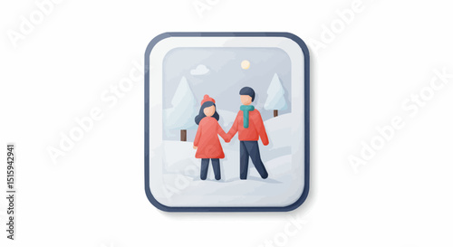 A charming winter illustration depicts a couple strolling hand-in-hand in a snowy landscape. 