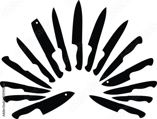black silhouette kitchen knife set on white background