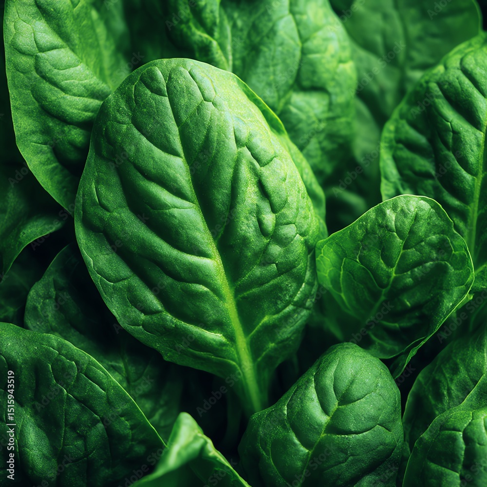 Obraz premium Fresh green spinach leaves close-up, vibrant and healthy, white isolate background.
