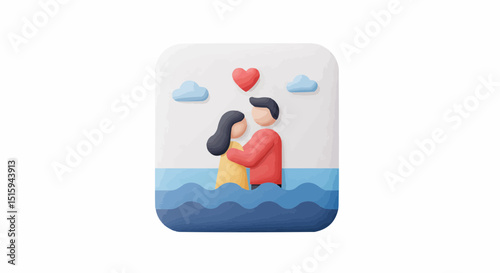 An illustration depicts a couple in love with a heart shape above them. 