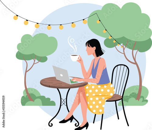 Woman Working Outdoors, Coffee Break, Remote Work, Relaxed Work Environment, Cozy Café, Nature Background, Greenery, Modern Work Setup.
flat vector illustration.
