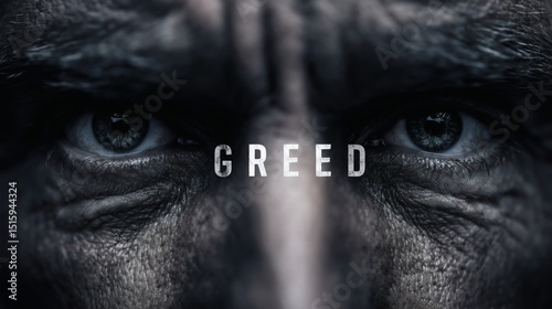 Close-up eyes with greed text, Dark dramatic lighting and mood, Symbolic concept for greed and desire themes