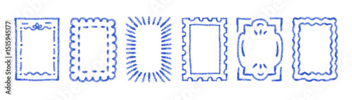 Vintage summer stamp frames with wavy borders. Doodle squiggle frames in italian coastal style. Crayon simple rectangle shapes, vector illustration