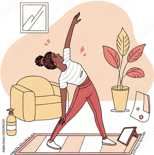 Woman doing yoga stretching at home online