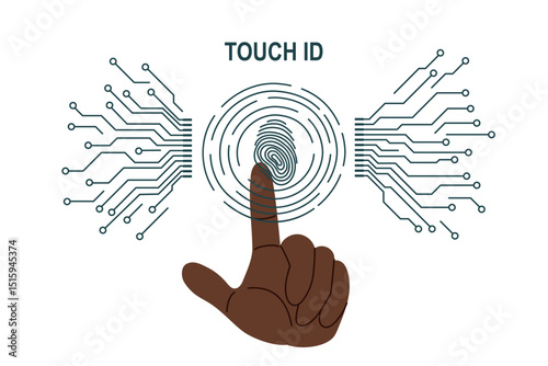 Fingerprint scanning system. Biometric authentication technology concept. A black skin tone human hand scanning finger. Personal touch id identity. Vector flat background.