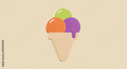 An artistic ice cream cone with three scoops of different flavors, appealing to the eye