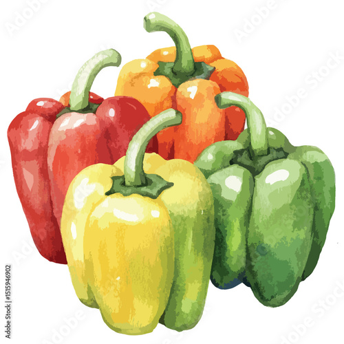 Vibrant Watercolor Bell Peppers Red Orange Yellow and Green