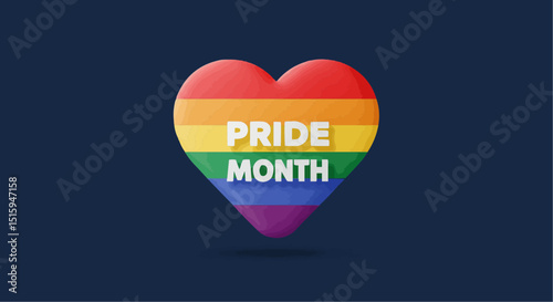 A heart-shaped pride month graphic with rainbow colors on a dark blue background