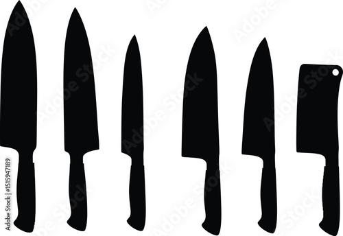 kitchen knife set silhouette with chef bread utility cleaver illustration
