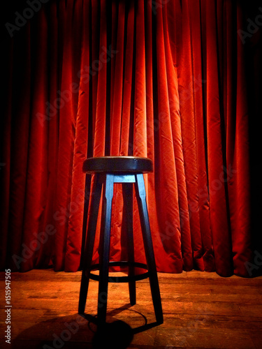 Close-up of a stool in the spotlight on a stage in front of red curtain
