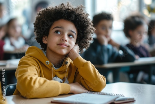 Tired and bored boy sitting at desk in classroom at school, writing in notebook and thinking, resting head on hand