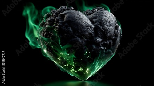 Dark heart shape with glowing emerald green flames.
