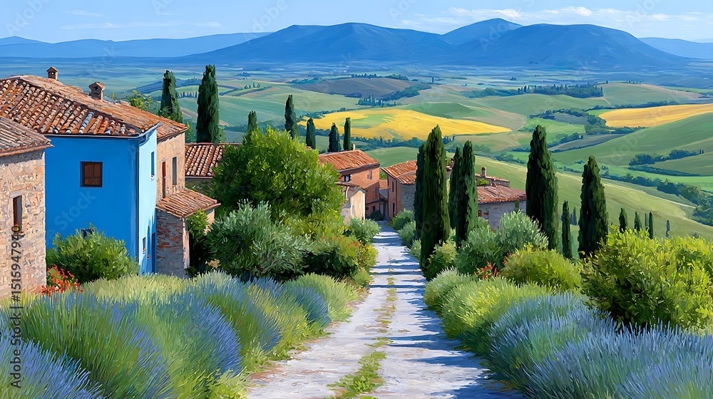 Naklejka premium Idyllic Tuscan Scene at Sunset with Soft Colors and Surreal Landscape