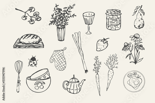Cottagecore set cosy country rural things sketch. Retro cute whimsy farm themed cottage core aesthetic. Hobby collection, vegetables doodle.