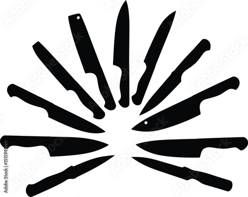 Black Silhouette Kitchen Knives Fanned Out on White Background Art