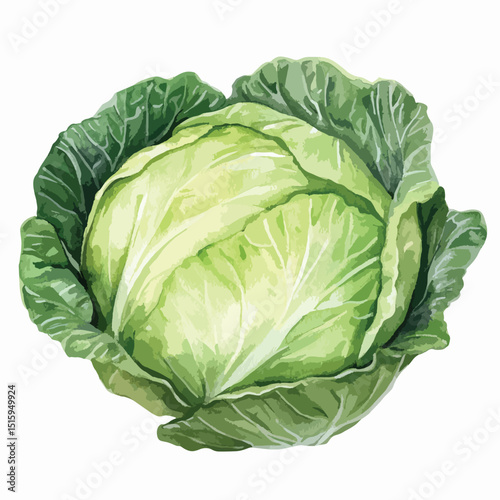 Vibrant Watercolor Cabbage with Detailed Veins and Layers