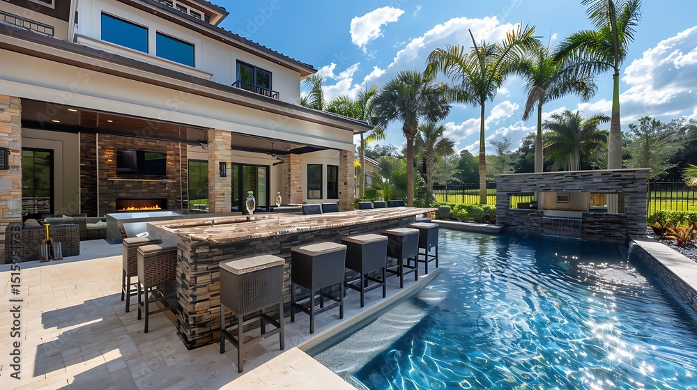Fototapeta premium Luxury Outdoor Oasis Backyard Pool and Bar with Palm Trees