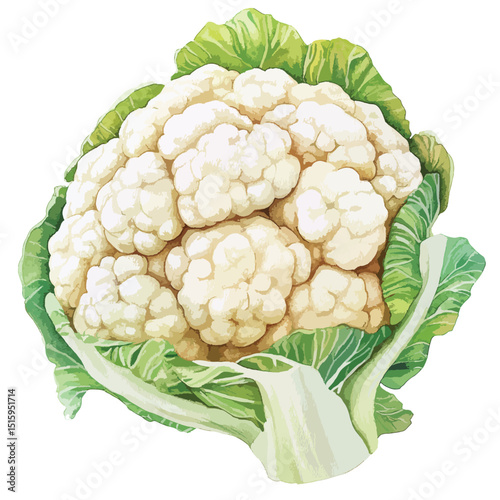 Vibrant Watercolor Cauliflower Head with Detailed Leaves