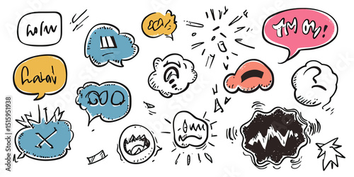 Hand drawn doodle speech bubbles with angry and confused expressions, exclamation marks, question marks, and abstract shapes in flat minimalist vector style for negative emotions and swearing concept