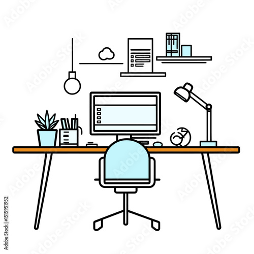 Minimalist modern home office workspace with computer monitor desk lamp office chair potted plant and wall shelves in line art style vector illustration