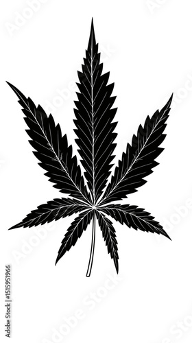 Black and white vector illustration of a detailed cannabis marijuana leaf with serrated edges and central vein design in a flat minimalist style for botanical or herbal concept projects