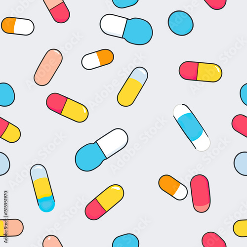 Seamless pattern of colorful flat minimalist medical capsules and pills in various color combinations on light background for healthcare and pharmaceutical design