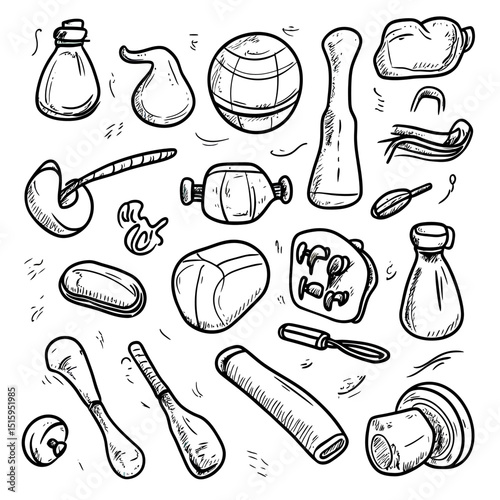 Hand-drawn vintage kitchen utensils and tools collection with rolling pin, bottle, wooden spoons, whisk, cleaver knife, and grinder in sketch style for cooking and baking design