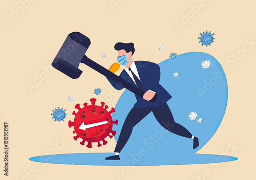 Businessman wearing face mask hitting large red virus symbol with hammer to restart business after COVID 19 pandemic concept flat vector illustration