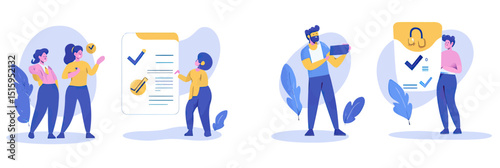 Positive feedback and review process with checklist and customer support communication in flat minimalist vector style illustration