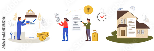 Mortgage approval process concept with people reviewing contracts, signing documents, and house illustration in minimalist flat vector style
