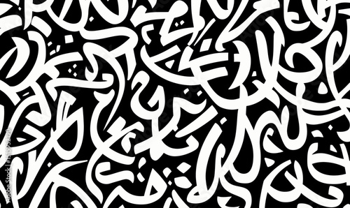 Seamless black and white arabic calligraphy pattern abstract handwritten arab letters texture vector background flat minimalist design for wallpaper and textile