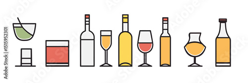 Minimalist line art icons of diverse alcoholic and non alcoholic drink glasses and bottles including cocktail, whiskey, wine, whiskey, and beer in flat vector style