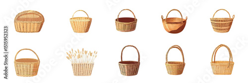 Collection of empty wicker baskets and handmade rattan containers in flat minimalist style with various shapes and natural beige and brown colors for picnic or storage use