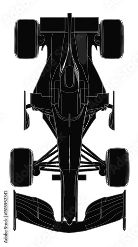 Top view black silhouette of modern Formula 1 race car vector icon with aerodynamic wings and racing tires on white background minimal flat design