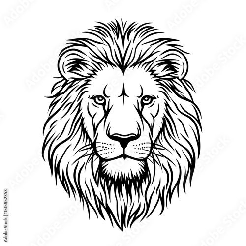 Detailed hand drawn lion head illustration with bold mane lines and fierce facial expression in black and white vector outline style design