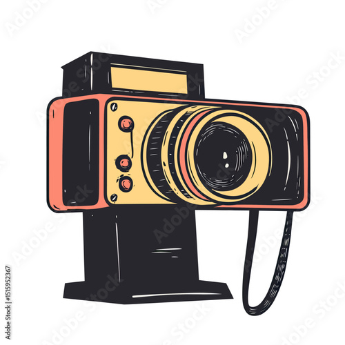 Retro vintage film camera with large lens and mechanical buttons hand drawn sketch isolated on white background