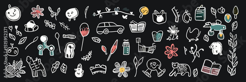 Hand drawn children doodle set with animals toys flowers and school supplies on chalkboard background preschool education concept vector illustration