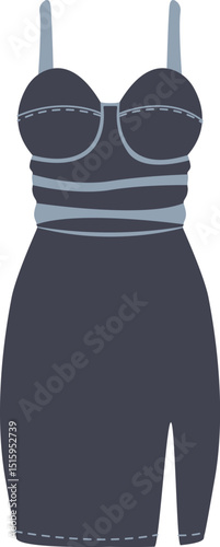 Dark sleeveless dress with cutout details and side slit. Suitable for party or evening wear. On white background. Suitable for fashion catalogs and clothing promotions.
