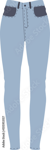 Blue skinny jeans with dark pockets and front buttons. Casual female clothing item on white background. Suitable for fashion designs, catalogs and wardrobe visuals