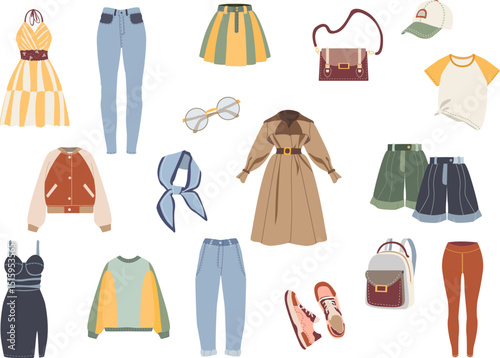 Set Women casual clothes. Summer women's clothing, bags, sunglasses. Dresses, tops, denim skirt, shorts, sunglasses. Color flat vector illustrations isolated on background