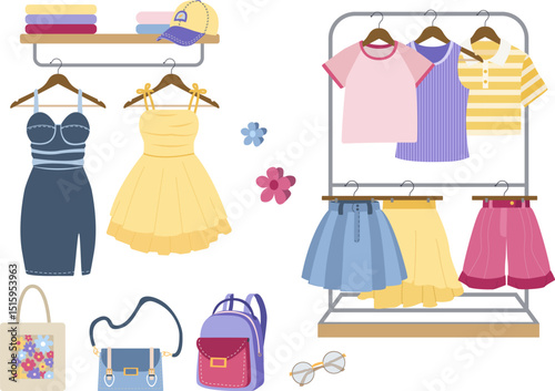 Wardrobe with clothes and accessories. Displayed on hangers and shelves. On a light background. Suitable for fashion and shopping themes.