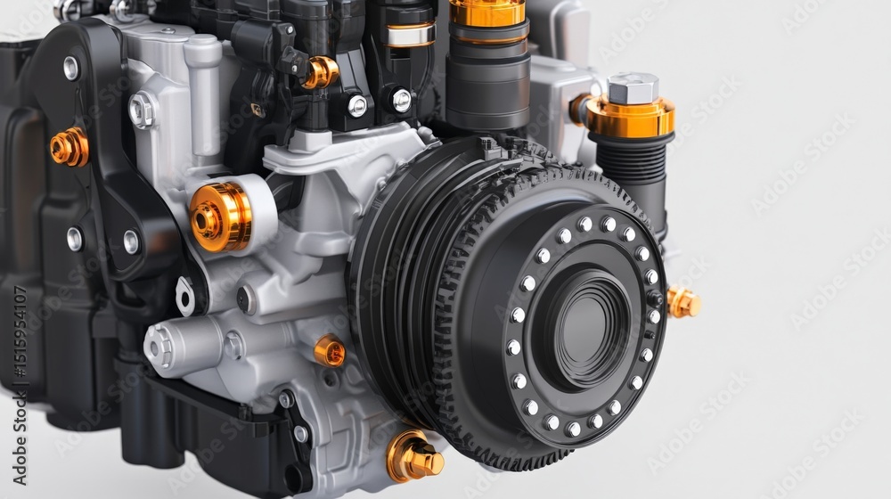Close-up of an industrial engine component with metallic and black parts, highlighting engineering and mechanical details Close-up of an industrial engine component with metallic and black parts, highlighting engineering and mechanical details