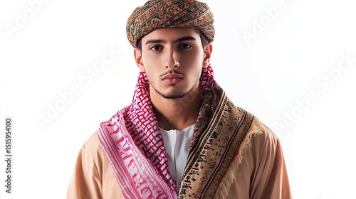 A young man with a serious expression, wearing a traditional Middle Eastern head covering and a long, flowing robe, stands against a white background