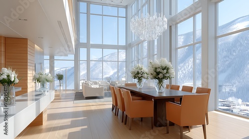 Modern Luxurious Dining Room with Large Windows and Scenic Mountain View