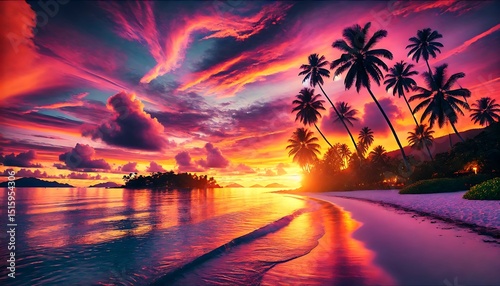 A vibrant summer sunset over a tropical island, featuring palm trees silhouetted against an orange and pink sky reflecting on calm ocean waters. Generative AI